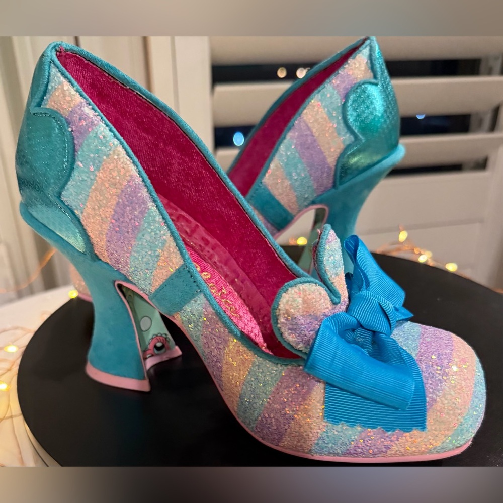 Irregular Choice Pumps in Blue Pink & Purple Sparkle Bow Scallop Chunky Heels, 7